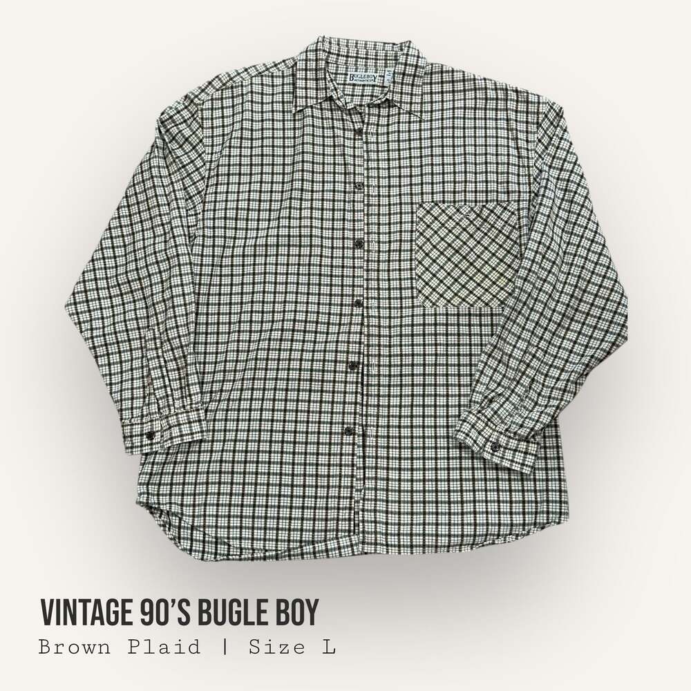 Vintage 90s Bugle Boy Mens Tan Plaid Button Up Shirt Tan Long Sleeve XL